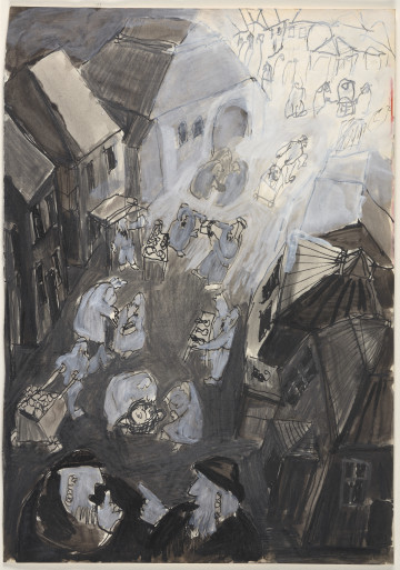 Rysunek utrzymany w tonacji czarno-biało-szarej. Wszystkie elementy przedstawione są w sposób uproszczony, postaci zarysowane konturowo, czarnym cienkopisem, ekspresyjnie i z charakterystycznymi dla artystki zniekształceniami. Na pierwszym planie przedstawieni zostali półpostaciowo dwaj Żydzi ze spiralnymi pejsami, brodami, w ciemnych ubraniach i nakryciach głowy. Ich twarze zwrócone naprzeciw siebie, otwarte usta oraz uniesione prawe dłonie z wyciągniętymi palcami wskazującymi, sugerują toczącą się rozmowę. Za nimi widać duży plac lub szeroką ulicę zajmującą centralną część kompozycji. Po prawej i lewej stronie, fasadami w stronę ulicy, narysowane zostały budynki mieszkalne o spadzistych dachach. Na daszku nad wejściem jednego z nich, po prawej stronie, widać sylwetkę czarnego kota. Do około połowy rysunku budynki utrzymane są w bardzo ciemnej tonacji, czarne, cienkie kontury wypełnione zostały cieniowanymi plamami barwnymi. Przestrzeń pomiędzy nimi jest trochę jaśniejsza, wyodrębniona drobnym i gęstym kreskowaniem. Na niej przedstawionych zostało wiele postaci – dwie kobiety nachylające się nad koszem z drobiem, mężczyzna ciągnący załadowany wózek, dalej dwie rozmawiające kobiety, po obu stronach dwaj mężczyźni nad swoimi kramami szeroko rozkładają ręce w geście zachwalania, dwóch mężczyzn trzymających książkę oraz grupka trzech osób. Kontury wszystkich tych sylwetek zostały wypełnione szarą kredką, a następnie rozbielone, dzięki czemu wyodrębniają się z tła. Od połowy rysunku cała kompozycja jest rozbielona, zaś kolejne postaci i zabudowania przedstawione na drugim planie, w perspektywicznym oddaleniu, zostały narysowane jedynie szkicowo, bardzo schematycznie, na jasnym tle.