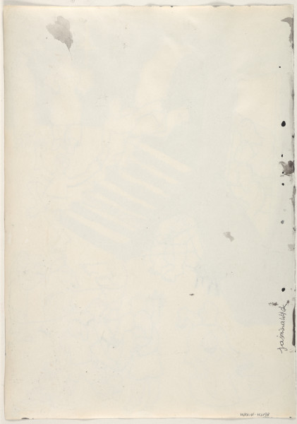 Rysunek utrzymany w tonacji czarno-biało-szarej. Wszystkie elementy rysowane są w sposób uproszczony, postaci zarysowane są konturowo, czarnym cienkopisem, ekspresyjnie i z charakterystycznymi dla artystki zniekształceniami. Scena pokazuje fragment budynku mieszkalnego, po środku którego widoczne są schody, po ich lewej stronie duży otwór okienny, po prawej – 3 mniejsze okna w rzędzie. Kontury budynku oraz schodów wypełnione są lawowaniem oddającym światłocienie. Przed kamienicą, na przedstawionym fragmencie pustej przestrzeni widać postaci, narysowane jedynie konturowo, bez wypełnienia. Na pierwszym planie, w prawym dolnym rogu, grupka bawiących się dzieci, obok – jedno leżące i piszące na ziemi. Za nimi, w kącie bok schodów sylwetka siedzącej na ziemi postaci rękami obejmująca kolana, na których trzyma głowę. Obok niej stoi czarny pies. Przez duże okno wychylają się dwie postaci, po schodach zbiegają kolejno, trzymając się za ręce, kolejne dwie. W prawej, górnej części rysunku na tle ściany o trzech oknach stoją dwie postaci kobiece.