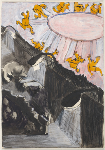 Kompozycja podzielona została ukośnie na dwie części. Pierwsza z nich, utrzymana w bardzo ciemnej tonacji czarno-biało-szarej, zajmuje dolną lewą część arkusza, druga – z dominującym rozbielonym kolorem różowym nałożonym na jasnoszare tło oraz pomarańczowymi postaciami – część prawą, górną. Elementem dzielącym jest gruby czarny pas muru, którego symetryczne podziały sygnalizują cegły. Na szczycie muru, po jego lewej, ciemnej stronie, widać trzy latarnie umieszczone w symetrycznych odstępach. Każda z nich rzuca bardzo jasny snop światła, co zostało oddane za pomocą jasnej, choć nie kryjącej plamy barwnej. W tej samej części rysunku widoczne są postaci ludzkie. Dwie z nich, najprawdopodobniej matka z dzieckiem, siedzą pod schodami prowadzącymi w górę wniesienia. Na nim widoczne są dwie leżące postaci – jedna z nich bokiem, z rękami podniesionymi do góry, górną połowę jej ciała oświetla latarnia, dolna pozostaje w mroku, druga z figur leży na brzuchu i twarzy, w pozie przodem do widza. Po drugiej stronie muru, w prawej części rysunku, jest łańcuchowa karuzela. Na niej przedstawione są sylwetki ludzi w pozach wskazujących na beztroską zabawę. Wszystkie postaci zarysowane konturowo, czarnym cienkopisem, ekspresyjnie i z charakterystycznymi dla artystki zniekształceniami – sylwetki na karuzeli wypełnione zostały jednolitym pomarańczowym kolorem.