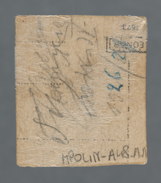 Fotografia młodej kobiety z ciemnymi włosami, zaczesanymi na bok (na prawo), popiersie, twarz ujęta w trzech czwartych; delikatny uśmiech. Ubrana w jasną bluzkę pod ciemnym rozpiętym sweterkiem (?). Zdjęcie z dwoma skośnymi przełamaniami.Krawędzie proste, nieznacznie nierówno przycięte. Niewykluczone, że jest to fragment większej fotografii grupowej.Na papierze Leonar. Oznaczenie firmowe bez pierwszej litery loga; pod nim widoczny fragment (?) nadrukowanego numeru: 8623.