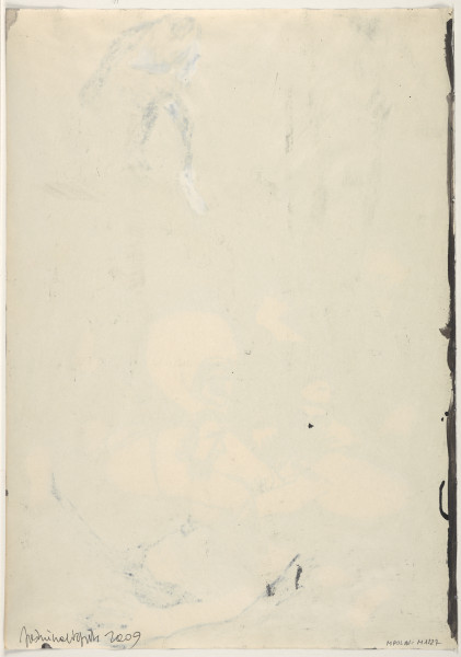 Rysunek utrzymany w tonacji czarno-biało-szarej. Wszystkie elementy rysowane są w sposób uproszczony, postaci zarysowane są konturowo, czarnym cienkopisem, ekspresyjnie i z charakterystycznymi dla artystki zniekształceniami. Tło rysunku jest ciemne. Na pierwszym planie widać czterech mężczyzn z pejsami kucających i trzymających ręce na leżącym na plecach brodatym mężczyźnie. Leżący ma otwarte usta i jedną rękę odrzuconą do góry. Głowy, dłonie, stopy i korpusy postaci narysowane są pozbawionym wypełnienia czarnym, cienkim konturem, z charakterystycznymi dla artystki zniekształceniami. Obok tej grupy postaci, po lewej stronie rysunku, siedzi postać trzymająca na ustach palec wskazujący prawej dłoni. Dalej, w perspektywie, także po lewej stronie kompozycji siedzi grupa ludzi. Ich sylwetki zarysowane są także czarnym cienkopisem, w bardzo uproszczony sposób. Na samej górze rysunku, na osi leżącego, przedstawiona została figura w pozie wstawania z wózka inwalidzkiego. Jej postać pokryta jest transparentnym rozbieleniem.