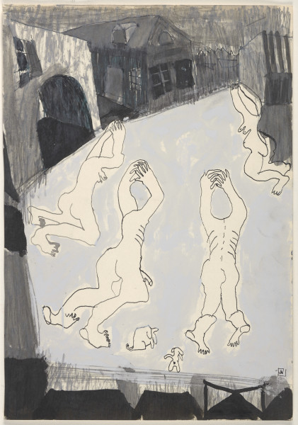 Rysunek utrzymany w tonacji czarno-biało-szarej. Wszystkie elementy przedstawione są w sposób uproszczony. Kompozycja przedstawia umieszczone w jej centralnej części podwórko lub plac pomiędzy budynkami. Wszystkie zabudowania są utrzymane w ciemnej tonacji, zaś teren pomiędzy nimi, na którym rozgrywa się scena, jest kontrastowo jasny. Na placu tym widać cztery nagie klęczące postaci z rękami uniesionymi do góry, trzy nich tyłem do widza, jedna – bokiem. Przedstawione zostały 2 kobiety, mężczyzna oraz postać, której płeć jest niewidoczna. Wszystkie zarysowane są konturowo, czarnym cienkopisem bez wypełnienia, w sposób ekspresyjny i z charakterystycznymi dla artystki zniekształceniami – na tym rysunku dodatkowo nie zostały narysowane ich głowy. U dołu kompozycji, pomiędzy dwiema figurami przedstawionymi najbliżej dolnej krawędzi, widać dwa kontury małych zwierząt, najprawdopodobniej psów.