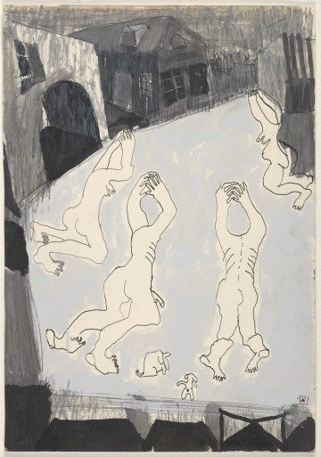 Rysunek utrzymany w tonacji czarno-biało-szarej. Wszystkie elementy przedstawione są w sposób uproszczony. Kompozycja przedstawia umieszczone w jej centralnej części podwórko lub plac pomiędzy budynkami. Wszystkie zabudowania są utrzymane w ciemnej tonacji, zaś teren pomiędzy nimi, na którym rozgrywa się scena, jest kontrastowo jasny. Na placu tym widać cztery nagie klęczące postaci z rękami uniesionymi do góry, trzy nich tyłem do widza, jedna – bokiem. Przedstawione zostały 2 kobiety, mężczyzna oraz postać, której płeć jest niewidoczna. Wszystkie zarysowane są konturowo, czarnym cienkopisem bez wypełnienia, w sposób ekspresyjny i z charakterystycznymi dla artystki zniekształceniami – na tym rysunku dodatkowo nie zostały narysowane ich głowy. U dołu kompozycji, pomiędzy dwiema figurami przedstawionymi najbliżej dolnej krawędzi, widać dwa kontury małych zwierząt, najprawdopodobniej psów.