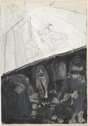 Rysunek utrzymany w tonacji czarno-biało-szarej. Wszystkie elementy przedstawione są w sposób uproszczony, postaci zarysowane konturowo, czarnym cienkopisem, w sposób ekspresyjny i z charakterystycznymi dla artystki zniekształceniami. Kompozycja podzielona została horyzontalnie na dwie części, mniej więcej w połowie rysunku – jasną u góry i ciemną na dole. W górnej części widać fragment wnętrza mieszkalnego, przede wszystkim płaszczyznę podłogi z zaznaczonymi liniami deskowania, na niej stół z wazonem z kwiatami oraz dziewczynkę bawiącą się z psem. Wszystkie elementy w tej części pracy zostały narysowane konturowo ołówkiem, na bardzo jasnym tle. Dolna część jest kontrastowo bardzo ciemna, widać kontury licznych postaci męskich, kobiecych i dziecięcych, które siedzą skulone, matki trzymają dzieci na kolanach lub na rękach.