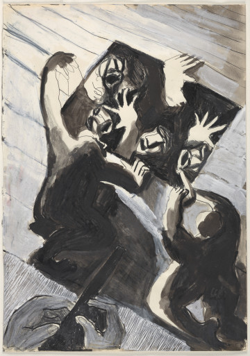 Rysunek utrzymany w tonacji czarno-biało-szarej. Wszystkie elementy rysowane są w sposób uproszczony, postaci zarysowane są konturowo, czarnym cienkopisem, wypełnione cieniowaniem lub jednolitą plamą barwną, ekspresyjnie i z charakterystycznymi dla artystki zniekształceniami. Scena we wnętrzu, na co wskazują poziome linie sugerujące zarys parkietu. Na pierwszym planie, centralnie u dołu, przedstawione zostały dwie dłonie trzymające pistolet. W środkowej części kompozycji widać ciemny prostokąt, na tle którego wyróżniają sią zarysy 4 twarzy o otwartych ustach oraz 3 dłoni z rozcapierzonymi palcami wystających poza zarys prostokąta. Nad nimi, plecami do widza, nachylone są 2 sylwetki. Jedna z nich trzyma prostokątny przedmiot zamachując się nim, druga zaś - pistolet z lufą wycelowaną w stronę postaci.