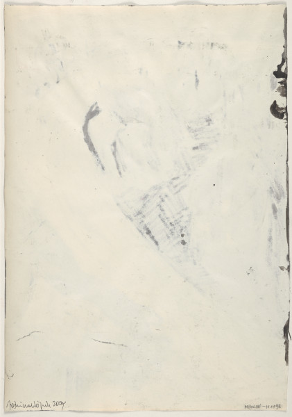 Rysunek utrzymany w tonacji czarno-biało-szarej. Wszystkie elementy rysowane są w sposób uproszczony, postaci zarysowane są konturowo, czarnym cienkopisem, wypełnione cieniowaniem lub jednolitą plamą barwną, ekspresyjnie i z charakterystycznymi dla artystki zniekształceniami. W środkowej części, na ciemnym tle, wyróżnia się jasny, szeroki pas rzeki, biegnący od dolnej krawędzi pracy zakręcając łagodnym łukiem do góry.  Na pierwszym planie widać fragment postaci - dłonie trzymające wywróconą na lewą stronę kieszeń. W dalszej części widać cztery sylwetki mężczyzn w jarmułkach i z pejsami, stojących w odstępach od siebie, zwróconych w stronę wstęgi rzeki i nachylających się nad nią, z wyciągniętymi pustymi kieszeniami.