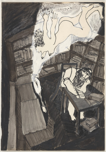Rysunek utrzymany w tonacji czarno-biało-szarej, wszystkie elementy rysowane są w sposób uproszczony. Kompozycja przedstawia wnętrze mieszkalne – w centralnej części ukośne, symetryczne kreskowanie sugeruje układ klepki podłogowej, powyżej, na całej szerokości pracy widoczne są regały z książkami, które załamując się pod kątem, na środku, tworzą perspektywę pomieszczenia. Na podłodze stoi prostokątny stół – pod nim i na nim leżą po dwie książki. Przy stole siedzi mężczyzna z pejsami i brodą, na głowie ma jarmułkę. Postać ta prawą rękę trzyma na otwartej książce, lewą podpiera brodę. Jego wzrok skierowany jest w stronę dużego, szafkowego zegara, którego konstrukcja wraz z meblem na którym stoi zajmuje cały lewy narożnik rysunku. Cyferblat zegara jest bokiem, z prawej strony do siedzącego. Z zegara wydobywa się dym, który rozciąga się nad wszystkimi elementami kompozycji, w nim przedstawiona została naga kobieta, w pozycji, która wskazuje na mający się wykonać skok/ nurkowanie w stronę urządzenia. Cały rysunek jest bardzo ciemny, jedynymi jasnymi elementami, które przez to są mocno skontrastowane, są: postać mężczyzny, cyferblat i wahadło zegara oraz chmura wraz z postacią kobiety. Postaci zarysowane są konturowo, czarnym cienkopisem, z charakterystycznymi dla artystki zniekształceniami.