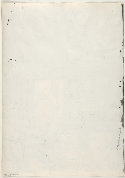 Rysunek utrzymany w tonacji czarno-biało-szarej. Wszystkie elementy rysowane są w sposób uproszczony, wszystkie postaci zarysowane są konturowo, czarnym cienkopisem, w sposób ekspresyjny i z charakterystycznymi dla artystki zniekształceniami. Kompozycja przedstawia wnętrze kamienicy w przekroju, na każdej kondygnacji zostały ukazane symultanicznie odbywające się sceny. Widoczny jest parter oraz dwie kondygnacje – po lewej stronie kompozycji przedstawione zostały mieszkania, po prawej – klatka schodowa.
Na samym dole, po prawej stronie, przy schodach, widać sylwetkę żołnierza opierającego się na karabinie i trzymającego drugą rękę wyciągniętą w geście wskazywania. Przed nim widać przewrócony kosz z warzywami lub owocami, skrzynki postawione jedna na drugiej oraz pochylona postać człowieka, którego pozycja ciała sugeruje zamiar klęczenia lub zbierania. Powyżej, na pierwszej kondygnacji, po lewej stronie widać wnętrze pomieszczenia mieszkalnego, gdzie na postawionym centralnie łóżku leży przykryta postać. Ponad nią wisi trzylampowy żyrandol. Po łóżkiem kryją się dwie osoby, pomiędzy nimi leży worek. Po prawej stronie, u wezgłowia mebla, stoi prawdopodobnie żeńska postać przytulająca dziecko, po lewej stronie łóżka – stoi męska postać w czapce, także przytulająca dziecko. Ruch ten wykonuje lewą ręką, w prawej trzyma worek. Za drzwiami tego mieszkania, na schodach stoi kobieta trzymającą worek, a drugą ręką podtrzymująca malutkie dziecko. Skrajnie po prawej stronie rysunku, na półpiętrze schodów, przestawiona została sylwetka schodzącego człowieka, niosącego na plecach worek lub tobół. Powyżej, na poziomie drugiej, ostatniej kondygnacji, ukazana została postać żołnierza ciągnącego za rękę człowieka i mierzącego do niego z broni palnej. Drugi żołnierz stoi przed drzwiami i wykonuje ruch dobijania się do nich lub otwierania. Wewnątrz pomieszczenia, które znajduje się za drzwiami, po lewej stronie, na samej górze kompozycji widać kilka osób: jedną siedzącą na podłodze przy ścianie, z tobołkami obok i przed sobą, jedną siedząca pod stołem na którym leżą dwa worki, dwie stojące splecione ze sobą w uścisku, mające obok nóg worek orz kolejne dwie, które tulą się do siebie siedząc. W pomieszczeniu widać jeszcze dużą komodę z 3 szufladami oraz szafkę w formie sześcianu.