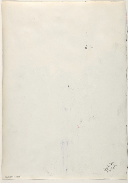 Rysunek utrzymany w tonacji czarno-biało-szarej. Wszystkie elementy rysowane są w sposób uproszczony, ekspresyjny i z charakterystycznymi dla artystki zniekształceniami. Na pierwszym planie w centralnej części kompozycji, przedstawione zostały trzy postaci rysowane ciemnymi plamami barwnymi. Po środku umieszczona została sylwetka mężczyzny z brodą, z rękami złożonymi przed sobą, klęcząca na podwyższeniu. Po obu jej stronach stoją dwaj żołnierze w hełmach i oficerkach. Żołnierz stojący po lewej trzyma nożyce, którymi obcina brodę mężczyzny. Żołnierz, który stoi po prawej został przedstawiony tyłem do widza, na plecach nosi karabin, prawą rękę unosi ponad głowę mężczyzny kierując w jej stronę dłoń z wyciągniętym palcem wskazującym w geście strzelania. Wszystkie postaci zostały umieszczone na szarym, jednolitym tle, sięgającym do około połowy rysunku, do wysokości postaci. Górna połowa kompozycji jest kontrastowo jasna, na jednolitym tle przedstawione zostały groteskowe twarze rysowane ołówkiem w sposób bardzo schematyczny.