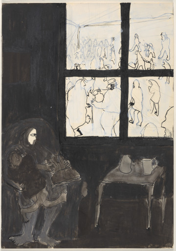 Na pierwszym planie, na bardzo ciemnym tle, w lewym dolnym rogu rysunku, widać dwie postaci siedzące w dużym fotelu. Postać dorosła trzyma na kolanach dziecko, w rękach ma książkę i spogląda przez okno. Obok nich, u dołu, po prawej stronie stoi stolik, na nim dwa naczynia. Centrum oraz prawy narożnik kompozycji zajmuje prostokątne okno z dwoma szerokimi szprosami na krzyż. Wnętrze okna jest bardzo jasne przez co mocno kontrastuje z pozostałą częścią pracy. Za oknem widać dużą grupę ludzi, narysowanych jedynie konturem, w bardzo uproszczony sposób. Zmierzają oni w nieokreślonym celu, w stronę lewego górnego narożnika rysunku.