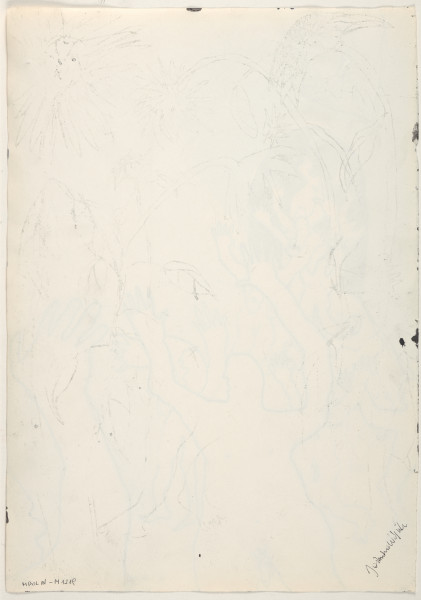 Kompozycja jest bardzo oszczędna. Na jednolitym jasnym tle, cieniowanym za pomocą rozbieleń, w centralnej części, przesunięty nieco ku lewej krawędzi widać łukowaty, bardzo ciemny otwór – wejście. Z niego wychodzą tłumnie nadzy ludzie obu płci z rękami uniesionymi wysoko w górę. Wszystkie postaci zarysowane konturowo, czarnym cienkopisem, ekspresyjnie i z charakterystycznymi dla artystki zniekształceniami.