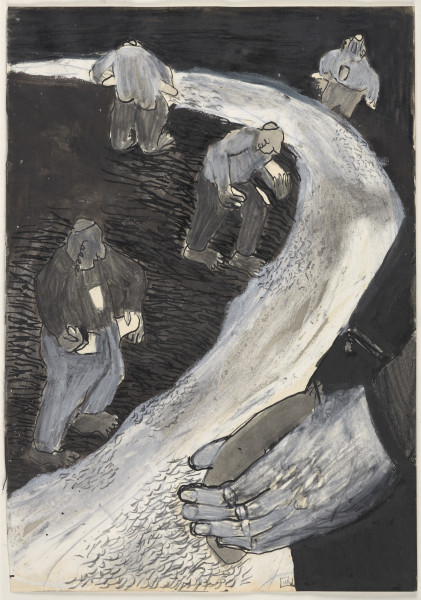 Rysunek utrzymany w tonacji czarno-biało-szarej. Wszystkie elementy rysowane są w sposób uproszczony, postaci zarysowane są konturowo, czarnym cienkopisem, wypełnione cieniowaniem lub jednolitą plamą barwną, ekspresyjnie i z charakterystycznymi dla artystki zniekształceniami. W środkowej części, na ciemnym tle, wyróżnia się jasny, szeroki pas rzeki, biegnący od dolnej krawędzi pracy zakręcając łagodnym łukiem do góry.  Na pierwszym planie widać fragment postaci - dłonie trzymające wywróconą na lewą stronę kieszeń. W dalszej części widać cztery sylwetki mężczyzn w jarmułkach i z pejsami, stojących w odstępach od siebie, zwróconych w stronę wstęgi rzeki i nachylających się nad nią, z wyciągniętymi pustymi kieszeniami.