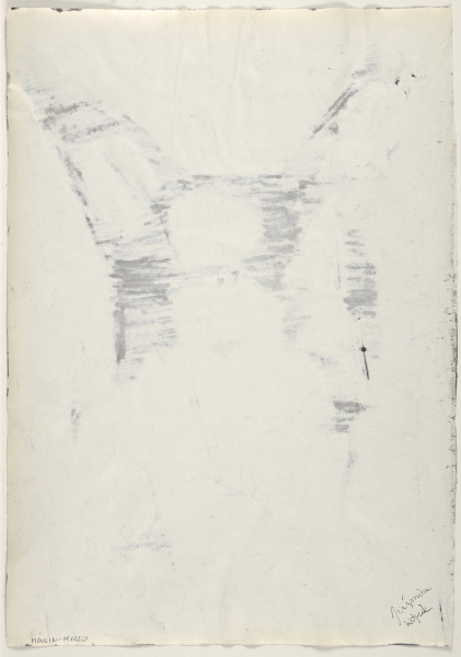 Rysunek utrzymany w tonacji czarno-biało-szarej. Wszystkie elementy przedstawione są w sposób uproszczony. Tło kompozycji jest czarne. Po środku widoczny jest kwadrat, wyznaczony poprzez rozbielenie tła. Do niego dochodzą 4 szerokie pasy ulic, także wyodrębnione szarą i fragmentarycznie rozbieloną plamą barwną – po jednym z każdego rogu. Po lewej i po prawej stronie kwadratu widoczne są schematyczne kontury budynków narysowane białym konturem. W kwadratowej części narysowane zostały trzy platformy na kołkach, na każdej z nich wiele postaci – dorosłych i dziecięcych. Po lewej stronie widać dwie figury żołnierzy z bronią wycelowana w stronę ludzi. Na tle ulic biegnących z górnych naroży przedstawieni zostały tłumy ludzi, obok nich po jednym żołnierzu z każdej strony z wycelowanymi w nich lufami. Na pierwszym planie rysunku, na tle ulic biegnących z dolnych naroży (lub nad nimi) widać pięć postaci – dwie po lewej i trzy po prawej stronie. Ludzi ci patrzą w stronę placu trzymając owalne kształty za plecami. Wszystkie postaci zarysowane konturowo, czarnym cienkopisem, ekspresyjnie i z charakterystycznymi dla artystki zniekształceniami.