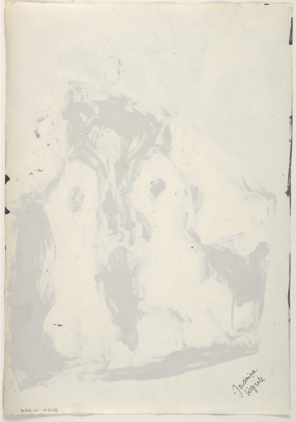 Rysunek utrzymany w tonacji czarno-biało-szarej. Wszystkie elementy przedstawione są w sposób uproszczony. Kompozycja przedstawia umieszczone w jej centralnej części podwórko lub plac pomiędzy budynkami. Wszystkie zabudowania są utrzymane w ciemnej tonacji, zaś teren pomiędzy nimi, na którym rozgrywa się scena, jest kontrastowo jasny. Na placu tym widać cztery nagie klęczące postaci z rękami uniesionymi do góry, trzy nich tyłem do widza, jedna – bokiem. Przedstawione zostały 2 kobiety, mężczyzna oraz postać, której płeć jest niewidoczna. Wszystkie zarysowane są konturowo, czarnym cienkopisem bez wypełnienia, w sposób ekspresyjny i z charakterystycznymi dla artystki zniekształceniami – na tym rysunku dodatkowo nie zostały narysowane ich głowy. U dołu kompozycji, pomiędzy dwiema figurami przedstawionymi najbliżej dolnej krawędzi, widać dwa kontury małych zwierząt, najprawdopodobniej psów.