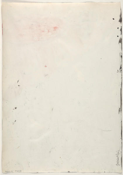 Kompozycja podzielona została ukośnie na dwie części. Pierwsza z nich, utrzymana w bardzo ciemnej tonacji czarno-biało-szarej, zajmuje dolną lewą część arkusza, druga – z dominującym rozbielonym kolorem różowym nałożonym na jasnoszare tło oraz pomarańczowymi postaciami – część prawą, górną. Elementem dzielącym jest gruby czarny pas muru, którego symetryczne podziały sygnalizują cegły. Na szczycie muru, po jego lewej, ciemnej stronie, widać trzy latarnie umieszczone w symetrycznych odstępach. Każda z nich rzuca bardzo jasny snop światła, co zostało oddane za pomocą jasnej, choć nie kryjącej plamy barwnej. W tej samej części rysunku widoczne są postaci ludzkie. Dwie z nich, najprawdopodobniej matka z dzieckiem, siedzą pod schodami prowadzącymi w górę wniesienia. Na nim widoczne są dwie leżące postaci – jedna z nich bokiem, z rękami podniesionymi do góry, górną połowę jej ciała oświetla latarnia, dolna pozostaje w mroku, druga z figur leży na brzuchu i twarzy, w pozie przodem do widza. Po drugiej stronie muru, w prawej części rysunku, jest łańcuchowa karuzela. Na niej przedstawione są sylwetki ludzi w pozach wskazujących na beztroską zabawę. Wszystkie postaci zarysowane konturowo, czarnym cienkopisem, ekspresyjnie i z charakterystycznymi dla artystki zniekształceniami – sylwetki na karuzeli wypełnione zostały jednolitym pomarańczowym kolorem.