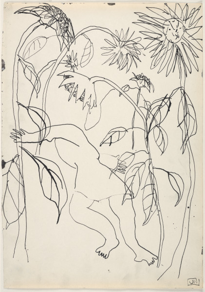 Rysunek utrzymany w tonacji czarno-białej. Wszystkie elementy przedstawione są w sposób uproszczony, jedynie konturem. Po obu stronach kompozycji widać bardzo wysokie łodygi o dużych, kwitnących kwiatach, z których część ugina się ku dołowi. Pomiędzy nimi, w środku rysunku, widać postać w sukience, leżącą na plecach. Jej głowa jest niewidoczna, ręce leżą rozrzucone na krzyż, stopy są bose.