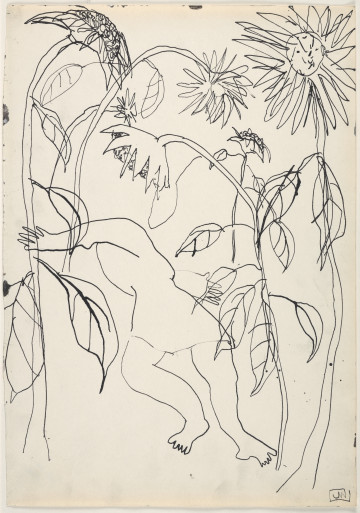 Rysunek utrzymany w tonacji czarno-białej. Wszystkie elementy przedstawione są w sposób uproszczony, jedynie konturem. Po obu stronach kompozycji widać bardzo wysokie łodygi o dużych, kwitnących kwiatach, z których część ugina się ku dołowi. Pomiędzy nimi, w środku rysunku, widać postać w sukience, leżącą na plecach. Jej głowa jest niewidoczna, ręce leżą rozrzucone na krzyż, stopy są bose.