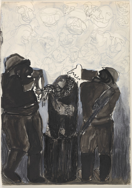 Rysunek utrzymany w tonacji czarno-biało-szarej. Wszystkie elementy rysowane są w sposób uproszczony, ekspresyjny i z charakterystycznymi dla artystki zniekształceniami. Na pierwszym planie w centralnej części kompozycji, przedstawione zostały trzy postaci rysowane ciemnymi plamami barwnymi. Po środku umieszczona została sylwetka mężczyzny z brodą, z rękami złożonymi przed sobą, klęcząca na podwyższeniu. Po obu jej stronach stoją dwaj żołnierze w hełmach i oficerkach. Żołnierz stojący po lewej trzyma nożyce, którymi obcina brodę mężczyzny. Żołnierz, który stoi po prawej został przedstawiony tyłem do widza, na plecach nosi karabin, prawą rękę unosi ponad głowę mężczyzny kierując w jej stronę dłoń z wyciągniętym palcem wskazującym w geście strzelania. Wszystkie postaci zostały umieszczone na szarym, jednolitym tle, sięgającym do około połowy rysunku, do wysokości postaci. Górna połowa kompozycji jest kontrastowo jasna, na jednolitym tle przedstawione zostały groteskowe twarze rysowane ołówkiem w sposób bardzo schematyczny.
