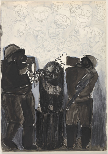 Rysunek utrzymany w tonacji czarno-biało-szarej. Wszystkie elementy rysowane są w sposób uproszczony, ekspresyjny i z charakterystycznymi dla artystki zniekształceniami. Na pierwszym planie w centralnej części kompozycji, przedstawione zostały trzy postaci rysowane ciemnymi plamami barwnymi. Po środku umieszczona została sylwetka mężczyzny z brodą, z rękami złożonymi przed sobą, klęcząca na podwyższeniu. Po obu jej stronach stoją dwaj żołnierze w hełmach i oficerkach. Żołnierz stojący po lewej trzyma nożyce, którymi obcina brodę mężczyzny. Żołnierz, który stoi po prawej został przedstawiony tyłem do widza, na plecach nosi karabin, prawą rękę unosi ponad głowę mężczyzny kierując w jej stronę dłoń z wyciągniętym palcem wskazującym w geście strzelania. Wszystkie postaci zostały umieszczone na szarym, jednolitym tle, sięgającym do około połowy rysunku, do wysokości postaci. Górna połowa kompozycji jest kontrastowo jasna, na jednolitym tle przedstawione zostały groteskowe twarze rysowane ołówkiem w sposób bardzo schematyczny.