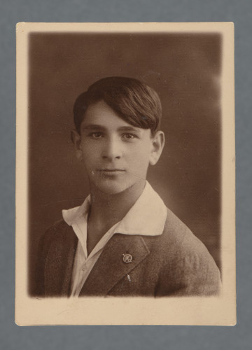 Fotografia monochromatyczna, w sepii, przedstawia uśmiechniętego młodego mężczyznę, en face, patrzy w obiektyw (nie znamy nazwiska, ten sam sportretowany na fot. następnej w kolekcji). W klapie marynarki przypinka - nierozpoznana, być może organizacji żydowskiej. Kołnierzyk - duży - białej koszuli wyłożony na ciemną (nie czarną) marynarkę.Pieczątka zakładu fotograficznego pozwala domniemywać, że zdjęcie nie zostało wykonane po 1930 - w kolekcji znajdują się zdjęcia z dedykacjami z różnych okresów, wywołanych w tym zakładzie - niektóre zdjęcia z dedykacjami z 1930 r. mają już inną pieczątkę firmową.
Krawędzie proste, wzdłuż których jasny rozmazany margines, większy u dołu.