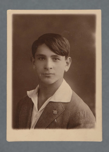 Fotografia monochromatyczna, w sepii, przedstawia uśmiechniętego młodego mężczyznę, en face, patrzy w obiektyw (nie znamy nazwiska, ten sam sportretowany na fot. następnej w kolekcji). W klapie marynarki przypinka - nierozpoznana, być może organizacji żydowskiej. Kołnierzyk - duży - białej koszuli wyłożony na ciemną (nie czarną) marynarkę.Pieczątka zakładu fotograficznego pozwala domniemywać, że zdjęcie nie zostało wykonane po 1930 - w kolekcji znajdują się zdjęcia z dedykacjami z różnych okresów, wywołanych w tym zakładzie - niektóre zdjęcia z dedykacjami z 1930 r. mają już inną pieczątkę firmową.
Krawędzie proste, wzdłuż których jasny rozmazany margines, większy u dołu.