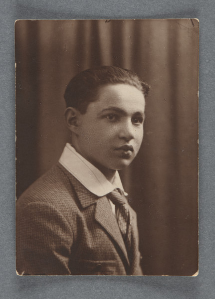 Fotografia, na tle średniociemnego płótna, młodego mężczyzny z zaczesanymi do tyłu włosami, Mordki (Józefa) Englendera; twarz ujęta w trzech czwartych, popiersie; w krawacie, białej koszuli i marynarce, kratkowanej. Krawędzie proste.