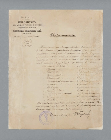 Świadectwo Szkoły Targowej w Łodzi Józefa Finkla. Dokument w całości w języku rosyjskim. W lewym górnym rogu widoczna jest nazwa szkoły oraz data. W środkowej części dokumentu widoczny nagłówek, a poniżej wykaz ocen uzyskanych przez ucznia. U dołu dokumentu widoczna pieczątka szkoły oraz podpis (dyrektora?). Zapisano tylko pierwsza stronę. Gdy rozpoczęła się II wojna światowa, Józef Finkiel przekazał to, co miał najważniejsze – dyplomy szkolne i uniwersyteckie zaprzyjaźnionej rodzinie Błachowiaków (darczyńców). Sam udał się do Warszawy. Błachowiakowie zakopali dokumenty w ogrodzie. Józef Finkiel nigdy się po nie jednak nie zjawił. Zginął w zagładzie. Rodzina darczyńców po wojnie odkopała dokumenty i przechowała je w nadziei, że kiedyś uda się odnaleźć krewnych dra Finkla.