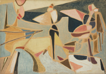 obraz - Ujęcie z przodu; Obraz abstrakcyjny w tonacji zszarzałych żółci, błękitów, z odrobiną czerni i czerwieni. Obraz zbudowany jest z szeregu nieregularnych plam.