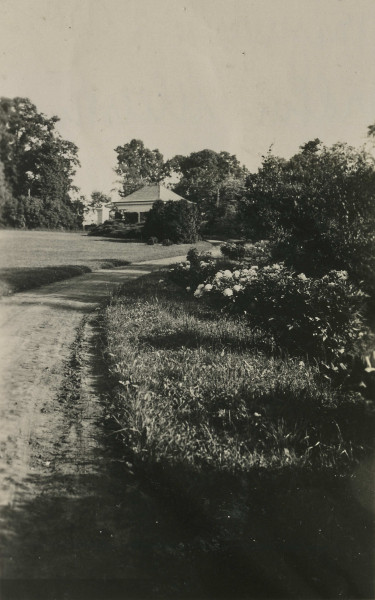 Zdjęcie przedstawia widok na kordegardę wśród drzew i krzewów.