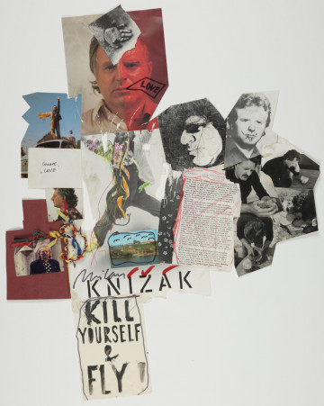 kolaż; Love - Ujęcie z przodu. Na arkuszu szarego papieru pakowego poprzyklejane fotografie, kartki papieru, pomalowane, porysowane, popisane przez autora, z których większość wychodzi poza obszar podkładu. U góry na środku wysunieta znacząco poza obszar szarego papieru fotografia twarzy mężczyzny. Jej lewa strona ma nałożony czerwony filtr. Przy ustach dorysowany czarnym flamastrem dymek z napisem LOVE. Na czole mężczyzny fragment biało-czarnego zdjęcia dłoni, prawdopodobnie dziecięcej, odwróconej wewnętrzną stroną na przód; na górze, na środku metalowa śruba. Pod fotografią poprzerywany, podziurawiony plakat z sylwetką mężczyzny, porysowany kolorowymi pastelami z widocznymi śladami operowania ostrym narzędziem. Na nim naklejona widokówka z Pragi z dorysowaną czarną ramką o zaokrąglonych rogach i schematycznie przedstawionymi ptakami. Pod pocztówką na wydruku napis KNÍŽÁK z odręcznie dodanymi, czerwonymi oznakowaniami diakrytycznymi nad nazwiskiem oraz powyżej dopisane odręcznie - Milan. Pod plakatem z lewej kartka papieru z napisem KILL | YOURSELF | & | FLY ! obwiedziona nieregularną czarną ramką. U góry po lewej fotografia przebranej postaci performera z uniesionymi ramionami stojącego na samochodzie, a na niej biała koperta z odręcznym napisem: COLLAGE |