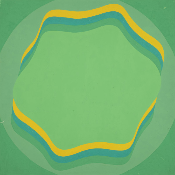 malarstwo; obraz; Szalag - IV - Ujęcie z przodu. Kompozycja należąca do serii czterech prac o wspólnym motywie trzech scalonych wstęg. Pasma żółej, szmaragdowej i zielonej linii falujące wokół wspólnego środka w tonacji jasnozielonej, otoczone kołem w odcieniu jasno-seledynowym. Cztery rogi pracy w kolorze zielonym.