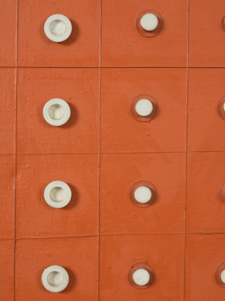 Ujęcie detalu z centrum obrazu. Kompozycja pionowa. Rdzawopomarańczowa płaszczyzna, z siatką kwadratowych pól (12 poziomo, 15 pionowo) wyznaczoną przez cienką wypukłą linię. W środku każdego kwadratu, oprócz rzędów zewnętrznych przy krawędziach obrazu, umieszczono biały, okrągły element z tworzywa sztucznego. W części centralnej obrazu 32 kwadraty z krążkami większymi i dodatkowo wklęsłymi tworzą prostokątny obszar. Pozostałe krążki mają płaską powierzchnię. Przy dolnej krawędzi z lewej strony, pod czwartym kwadratem, dwa białe punkty obok siebie zaburzają asymetrycznym układem regularną strukturę całości.