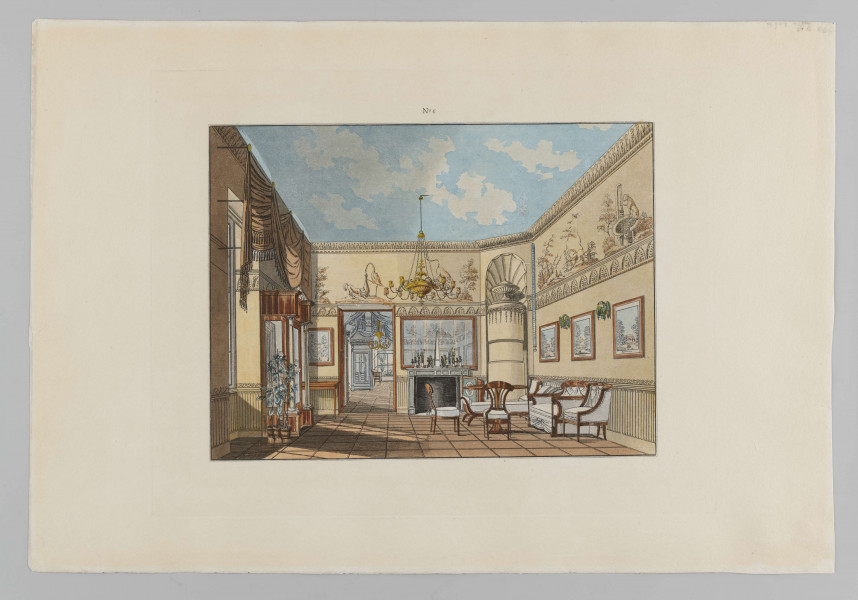 R/7311/ML - Wnętrze pałacu Dzieduszyckich w Zarzeczu. Z prawej strony meble: krzesła, kanapa i leżanka. Na ścianie trzy obrazy. Pod sklepieniem sceny ze zwierzętami. Obok przejścia do następnego pomieszczenia kominek, nad którym lustro i figurki. Z lewej przy ścianie szafa lustrzana, przy której trzy doniczki z kwiatami. Nad nią karnisz z zasłoną. Na środku sklepienia świecznik.