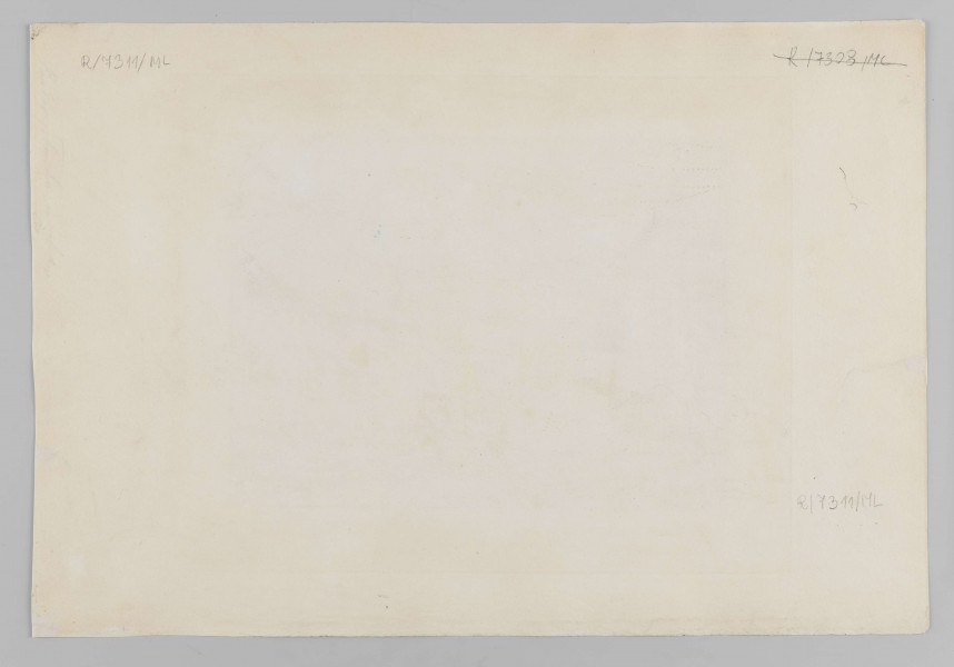 R/7311/ML - Wnętrze pałacu Dzieduszyckich w Zarzeczu. Z prawej strony meble: krzesła, kanapa i leżanka. Na ścianie trzy obrazy. Pod sklepieniem sceny ze zwierzętami. Obok przejścia do następnego pomieszczenia kominek, nad którym lustro i figurki. Z lewej przy ścianie szafa lustrzana, przy której trzy doniczki z kwiatami. Nad nią karnisz z zasłoną. Na środku sklepienia świecznik.