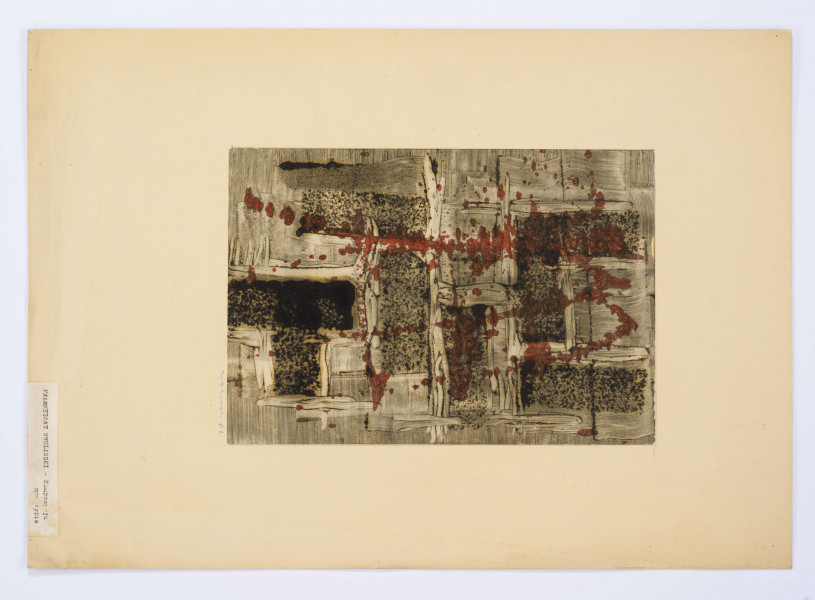 Kompozycja abstrakcyjna w typie taszystowskim. Zbudowana przy pomocy nakładanych warstwowo, przetartych pasm w tonacji szarości. Na nie nałożone regularne pasma kropkowań tworzących miejscami skupiska czerni. W obrębie kompozycji swobodne rozlewające się plamy czerwonej farby tworzące barwny kontrakpunkt.