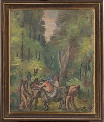 S/Mal/1183/ML Scena mitologiczna ukazana na tle wysokich drzew i prześwitującego przez nie nieba. Trzech nagich mężczyzn, słabo widoczna postać kobieca oraz naga Europa siedząca na byku. Postaci potraktowane schematycznie, obwiedzione grubym, ciemnym konturem. Kolorystyka z przewagą zieleni, ciepłe brązy.