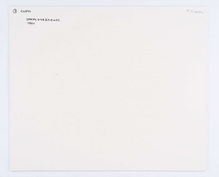 Kompozycja abstrakcyjna w typie taszystowskim. Złożona z nieregularnie rozlewających się i przenikających plam farby - błękitnej po lewej stronie kompozycji, żółtej w centrum oraz szarości po prawej. W obrębie płaszczyzn koloru liniowe, poziome i pionowe nacieki czarnej farby. Tło w tonacji czerni.