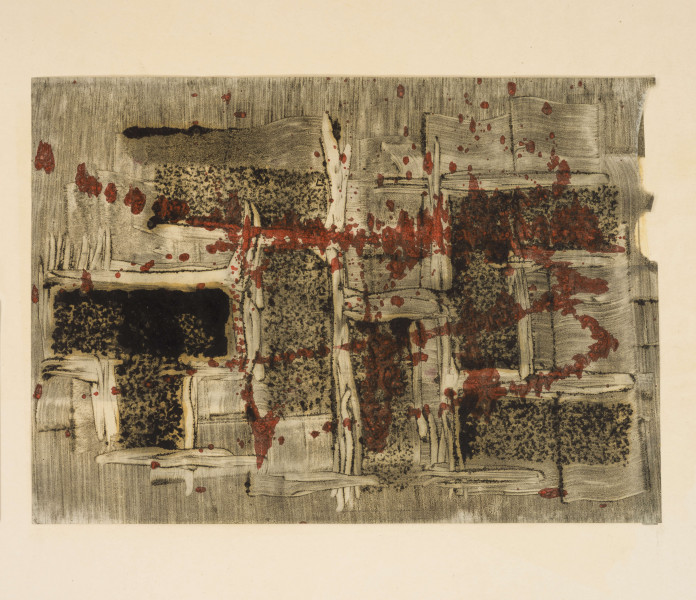 Kompozycja abstrakcyjna w typie taszystowskim. Zbudowana przy pomocy nakładanych warstwowo, przetartych pasm w tonacji szarości. Na nie nałożone regularne pasma kropkowań tworzących miejscami skupiska czerni. W obrębie kompozycji swobodne rozlewające się plamy czerwonej farby tworzące barwny kontrakpunkt.