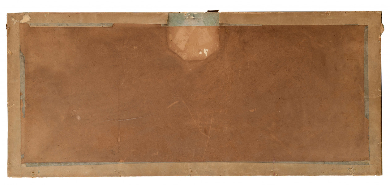 Martwa natura z kwiatami. Kompozycja w poziomym prostokącie z przedstawieniem czterech kwiatostanów irysów wraz z krótkimi fragmentami łodyg. Kwiaty ujęte w zbliżeniu,  symenrycznie zakomponowane na gładkiej płaszczyźnie zielonego tła.