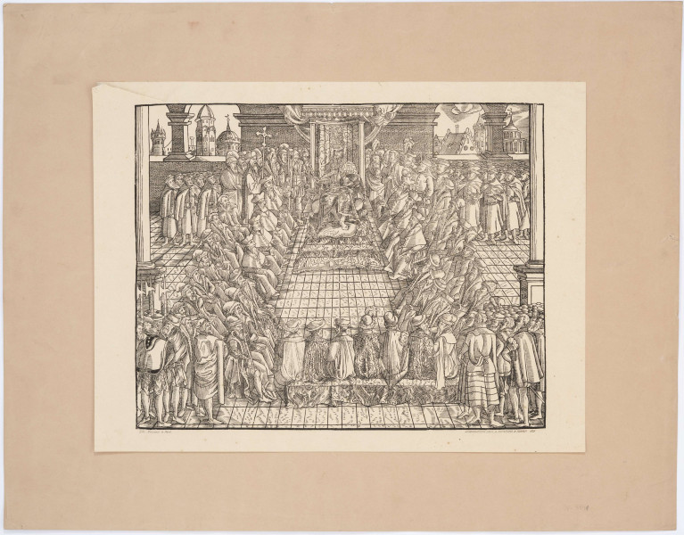 Scena historyczna przedstawiająca obrady sejmu polskiego pod przewodnictwem króla Zygmunta II Augusta. W centrum siedzący na tronie król, wokół  niego, na ustawionych w podkowę ławach siedzą magnaci, szlachta oraz duchowieństwo. Za nimi stojący uczestnicy obrad. Za oknami widok miasta - Krakowa.

Odbitka na podstawie drzeworytu Wendelina Scharffenberga. Ilustracja z wydania J. Herburta Statua y Przywileie koronne.