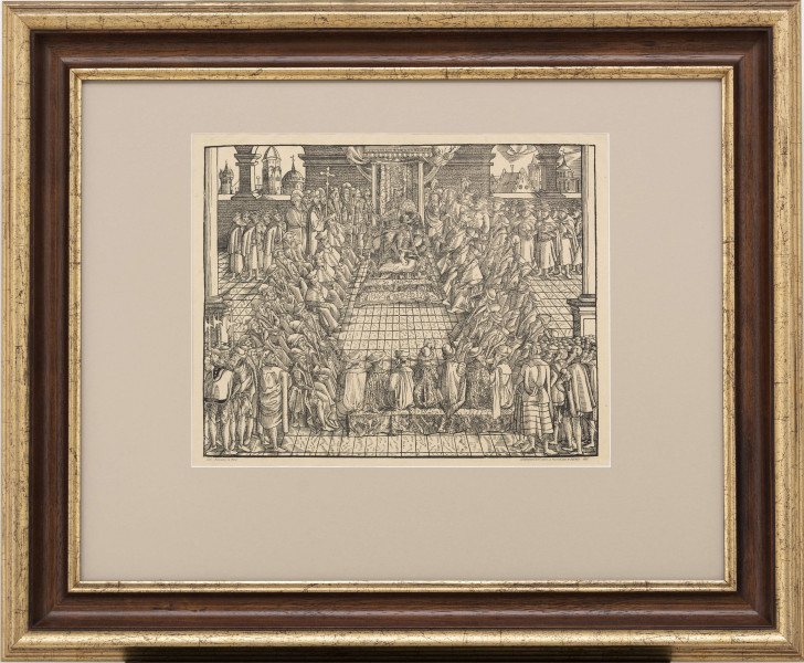 Scena historyczna przedstawiająca obrady sejmu polskiego pod przewodnictwem króla Zygmunta II Augusta. W centrum siedzący na tronie król, wokół  niego, na ustawionych w podkowę ławach siedzą magnaci, szlachta oraz duchowieństwo. Za nimi stojący uczestnicy obrad. Za oknami widok miasta - Krakowa.

Odbitka na podstawie drzeworytu Wendelina Scharffenberga. Ilustracja z wydania J. Herburta Statua y Przywileie koronne.