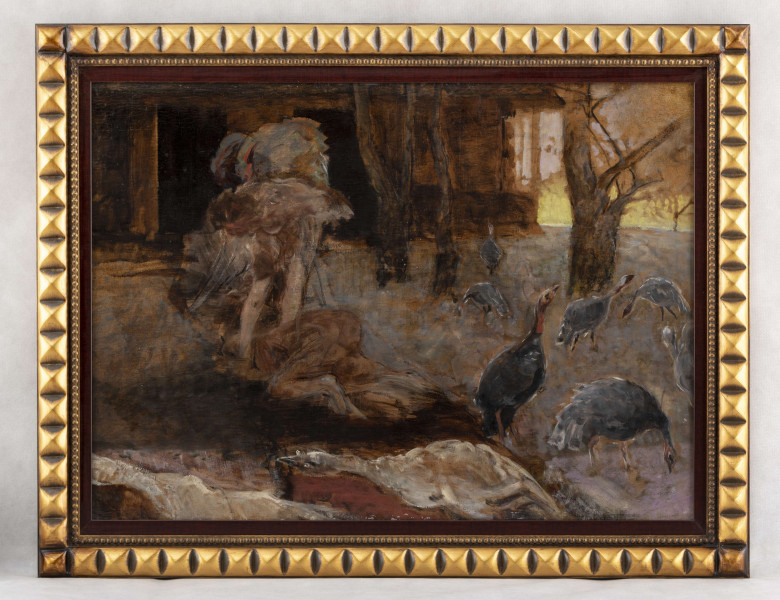 Scena rodzajowa przedstawiająca na tle wnętrza z kotarą umierającego mężczyznę, nad którym pochylona królowa. Mężczyzna w pozycji siedzącej, zwrócony 3/4 w lewo, w kierunku kobiety, która w prawą dłonią podtrzymuje jego prawą rękę, przyciskając ją do piersi. Lewa ręka swobodnie opada. Głowa skierowana w stronę kobiety, twarz wyraża cierpienie. Mężczyzna ubrany w strój rzymskiego legionisty. Jego ciało przykrywa częściowo tkanina. Kobieta z głową zwróconą profilem w prawo, tułów 3/4 w prawo, lewym ramieniem otacza plecy mężczyzny. Ubrana w długą białą suknię; na głowie korona. Z tyłu ze złożonymi dłońmi klęczy służebna. W tle po prawej podwieszona u góry drapowana kotara, po lewej w ściennych niszach dwa posągi.   