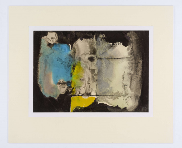 Kompozycja abstrakcyjna w typie taszystowskim. Złożona z nieregularnie rozlewających się i przenikających plam farby - błękitnej po lewej stronie kompozycji, żółtej w centrum oraz szarości po prawej. W obrębie płaszczyzn koloru liniowe, poziome i pionowe nacieki czarnej farby. Tło w tonacji czerni.