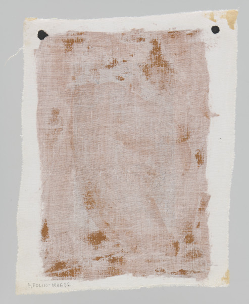 ilustracja - Przedstawienie, w kolorystyce brązowo-biało-szaro-czarnej, pięciu głów, widocznych w zbliżeniu, przedstawienia zwłaszcza trzech dolnych częściowo nakładają się na siebie. Dwie górne głowy - poziomo, środkowa górą ku dołowi, głowa po prawej poziomo, głowa najniżej - pionowo, oczy skierowane ku górze. Kompozycja w namalowanym brązowym obramowaniu, krawędzie wewnętrzne namalowanego brązowego obramowania proste, zewnętrzne - oddalone od krawędzi płótna podłoża - również proste, miejscami wykończone (zwłaszcza w rogach prawym górnym i prawym dolnym).Zwłaszcza u dołu po prawej, na marginesach, widoczny podrys linii ołówkiem.