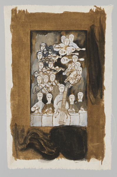 ilustracja - Przedstawienie kobiet z instrumentami muzycznymi, widocznych w nieregularnych pięciu-sześciu rzędach, namalowanych bez zastosowania perspektywy. Postacie przedstawione głównie w tonacji bieli, objęte w najczęściej brązowe, rzadziej szare, czarne kontury, mają też takimi liniami zarysowane elementy twarzy i instrumentów. W pierwszym, najniższym rzędzie widoczne bębny (osoby przy nich mają również pałki skierowane ku dołowi), a pośrodku kobieta z instrumentem smyczkowym. Po bokach i po lewej u góry - szare tło, niewykończone (krańce pozostawione jako smugi, poza którymi inne - brązowe, czarne - tło).Scenę obramowuje namalowana prostokątna, głównie brązowa ramka, u góry i po bokach o dość równej szerokości, u dołu o większej. Jej wewnętrzne krawędzie są proste, zewnętrzne w dużej mierze nieregularne (zwłaszcza przy rogach krawędzi zewnętrznych namalowanej ramy). Na ramie - w prawej części i na dolnej - mocne smugi czerni.Kompozycja obrazu w kształcie pionowego prostokąta została wyznaczona za pomocą linii ołówkiem