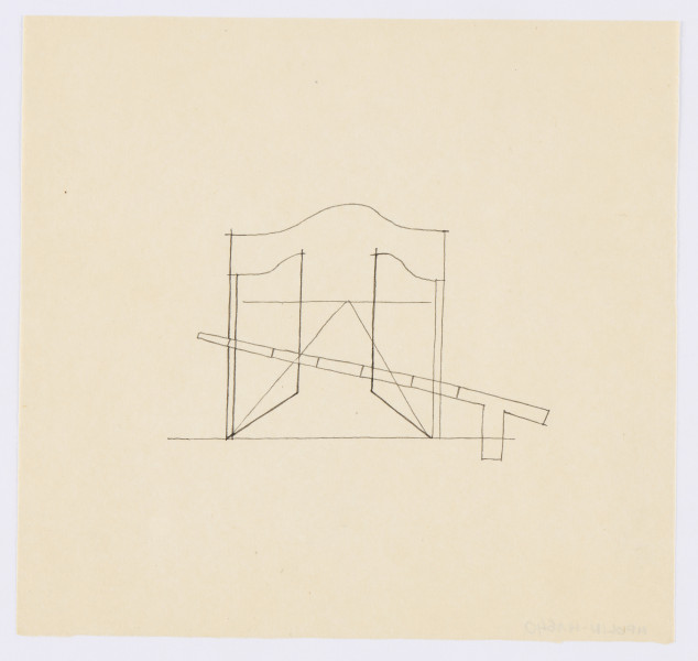 ilustracja - Rysunek tuszem na półtransparentnym papierze koloru kremowego: konturowe, narysowane niewieloma liniami, przedstawienie otwartych drzwi (?), za którymi widoczna jest droga ku horyzontowi. Na pierwszym planie półotwarty szlaban kolejowy.