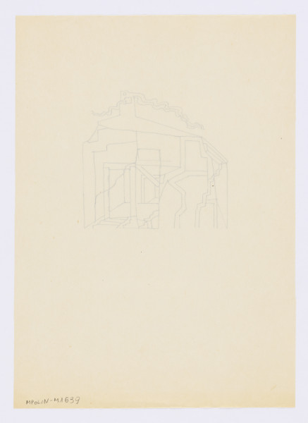 ilustracja - Rysunek czarnym piórkiem, konturowy, na półtransparentnym papierze w kolorze kremowym: przedstawienie abstrakcyjne wnętrza budynku, z liniami obramowującymi bryłę po bokach i liniami zbliżonego do trójkąta dachu, przechodzącymi w górnej części w niewielki prostokąt, z narysowanymi wewnątrz dwoma kwadratowymi otworami, z tego miejsca ku lewej i ku prawej krawędzi wydobywają się wąskie i długie (zwłaszcza lewe) falujące linie (dym). Wewnątrz linie, w których dopatrzyć się można ścian, schodów.Kompozycja usytuowana w górnej części karty, zaczyna się w swojej dolnej części dopiero od niemal połowy karty, górna część kończy się w tej samej odległości od krawędzi (około 1/5 wysokości) co boczne.