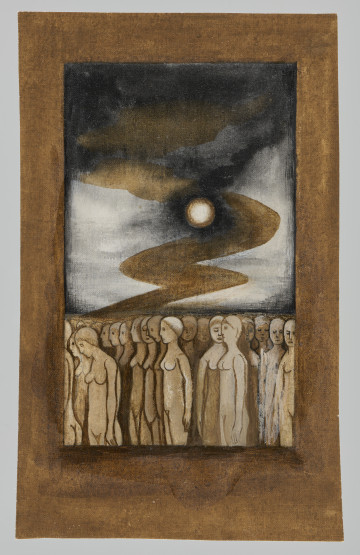 ilustracja - Przedstawienie w kolorystyce szarości i brązów w różnych odcieniach falującego dymu (rozszerzającego się mocno w najwyższej części) z jasnym kołem pośrodku (słońce), a pod nim, w dolnej 1/3 kompozycji – widzianych z bliska nagich kobiet, stojących, zwróconych ku lewej krawędzi lub stojących na wprost, przeważając profile i en face. Wypełniają całą dolną część kompozycji, kobiety najbardziej po lewej i prawej – widoczne częściowo. Kompozycję zamyka rama namalowana brązową farbą wzdłuż wszystkich krawędzi, z równymi wewnętrznymi krawędziami; dochodzi do końca przeważnie równej, prostokątnej krawędzi płótna (nieznacznie krzywo przycięta prawa, płótno w górnej części jest węższe niż w dolnej).Część kompozycji została pokryta błyszczącą, przeźroczystą substancją powłokotwórczą, która wpłynęła na barwę oraz krycie brązowego tła.