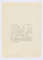 ilustracja - Rysunek na półtransparentnym kremowym papierze, konturowy, ogólny i nieujmujący szczegółów przedstawienia, ale składający się z wielu elementów: przedstawia perspektywicznie ujętą na wprost ulicę pośród gruzów budynków, w dolnej części kompozycji widoczne zarysy leżących na ulicy wśród gruzów ciał ludzkich. U dołu po lewej zaznaczają się kolumny, przy kolumnie znajdującej się najbardziej po lewej korekty: drobne skreślenia sąsiedniej pionowej kreski zamykającej po lewej kompozycję, kreski-skreślenia elementu schodów i gruzów pod schodami. W innych miejscach kompozycji dostrzegalne są i inne drobne korekty (po prawej, także blisko centrum kompozycji po prawej).