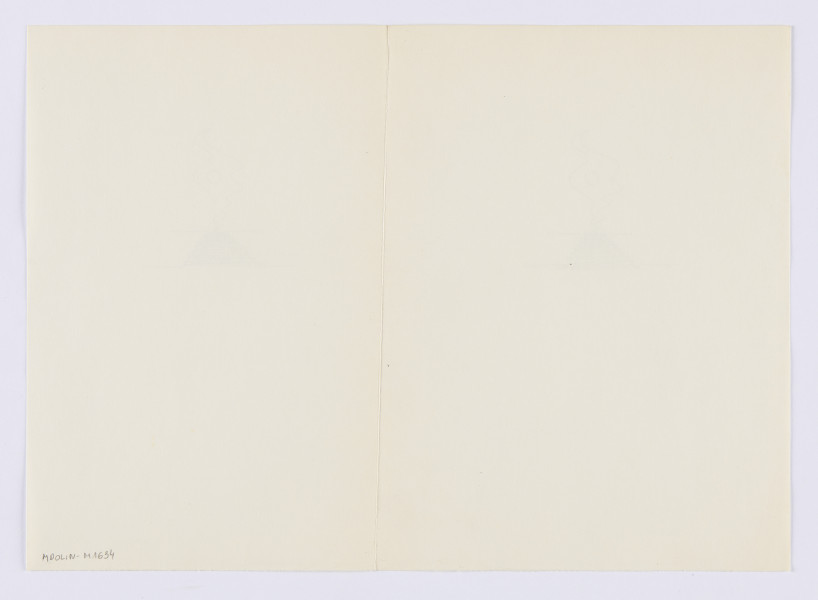 dwie ilustracje - Karta (półtransparentny papier w kolorze kremowym) z dwoma niemal identycznymi pracami, narysowanymi niewielką ilością kresek (czarne piórko): tory, ujęte perspektywicznie, na wprost, przy których zetknięciu z linią horyzontu widoczny jest dym, w jego środku okrąg (słońce). Podkłady torów narysowane podwójnymi poziomymi równoległymi kreskami, połączonymi z obu stron krótkimi kreskami pionowymi. Dym w obu wersjach narysowany pojedynczymi falującymi kreskami: jedną z prawej, drugą z lewej.